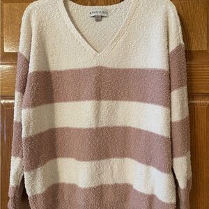 Knox Rose Women's V-Neck Striped Sweater - Cream and Brown
